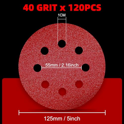 120 Stück Schleifpapier 125mm Klett 40 Körnung Schleifscheiben für 8 Loch Rund Exzenterschleifer Schleifen Holz Metall und Farbe