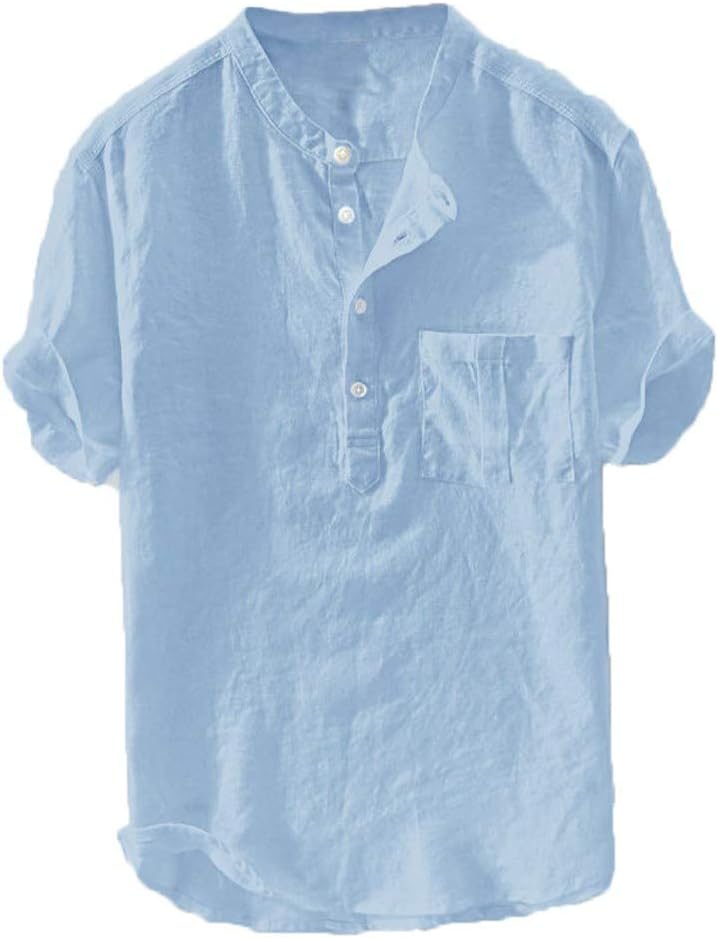 WOZOW Men's Lightweight Plus Size Shirts for Hot Summer Days Faux Cotton Linen Henley Shirt Blue 6XL