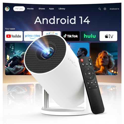 Mini Projector with WiFi 6 and Bluetooth 5.4 for Bedroom Auto Keystone Built-in Android 14 , 1080P 4K Support Portable Projector, 180° Rotatable Upgrade HY300pro+ Projector for Home OptiBarrel 500