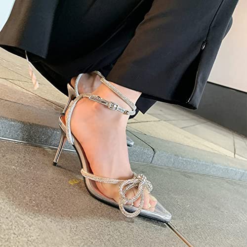 Divanne Women's Double Bow Crystal Wedding Shoes Satin Pointy Pumps Ankle Straps High Heeled Sandals Glitter Party Prom Shoes3