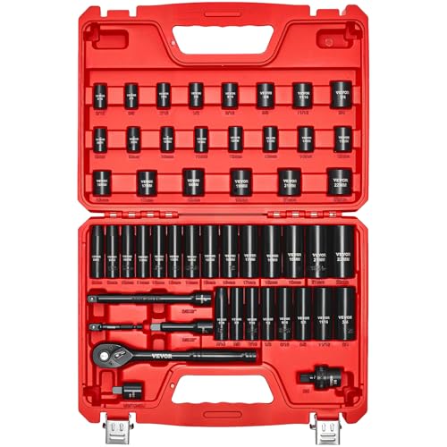 VEVOR 3/8' Drive Impact Socket Set, 50-Piece Standard SAE (5/16 to 3/4 inch) & Metric (8-22 mm) Size, Deep & Shallow, 6 Point, CR-V, Ratchet Handle, Extension Bars, Universal Joint, Reducer, Adapter