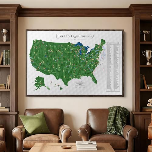 Image of Push Pin Travel Maps Top 200 Golf Courses USA Canvas - Personalized Golf Course Tracker with Pins, Framed Golf Wall Decor - Brown Float Frame - 30 inch x 45 inch