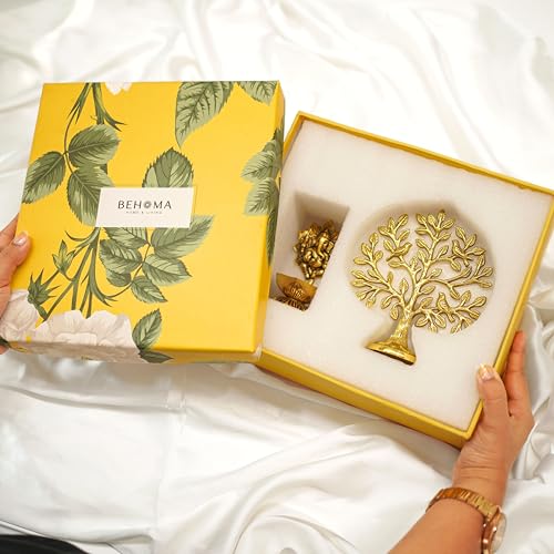 Image of BEHOMA 100% Pure Brass Spiritual Gift Set of Ganesh Diya for Pooja & Kalpavriksh Tree of Life Showpiece for homr decor | Vastu Fengshui Decor Items for Good Luck | House Warming & Wedding Gift