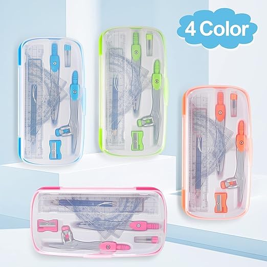 Image of Geometry Set, 8-in-1 Math Kit Drafting Tools Include Study Compass, Graphic Compass, Protractor, Pencil, Eraser, Triangle, Set Square, 15cm /6 inch Ruler, Storage Box