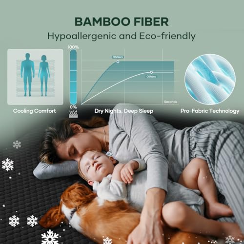 Image of OhGeni 100% Waterproof Full Size-Black Mattress Protector,Soft Mattress Pad,Pet Hair & Bedwetting Resistant,Cooling Breathable Fitted Sheets,Washable Bed Cover Over 99 pcs Hex Filled Bumps