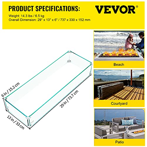 Vevor Fire Pit Wind Guard, 29 X 13 X 6 Inch Glass Wind Guard, Rectangular Glass Shield, 0.3" Thick Fire Table, Clear Tempered Glass Flame Guard, Steady Feet Tree Pit Guard For Propane, Gas, Outdoor #TOP6