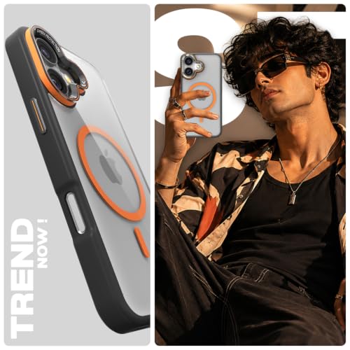 Image of Pikkme Back Cover for iPhone 16 Plus | Shockproof | Mag-Safe Compatible | Hard Transparent Back | Premium Raised Camera Protection | Bumper Case (Black & Orange Mag-Safe)