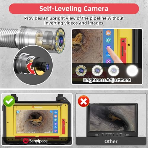 Image of Sanyipace Sewer Camera with 512Hz Sonde & Self-Leveling, 7mm Push Cable, IP68 Waterproof Borescope Camera, Wireless Keyboard, Plumbing Camera with Lights, 100FT /30M for Sewer Line Blockage Detection