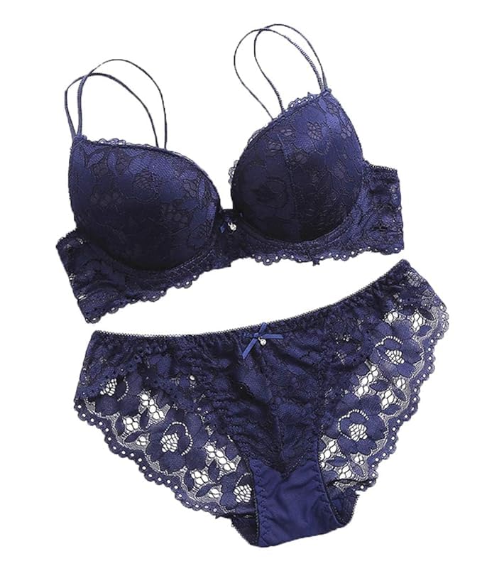 Image of Foxline Women's Lace Push Up Underwired Solid Lingerie Set
