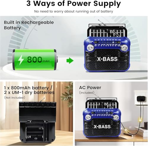 Radio portátil AM FM SW con Bluetooth 5.0 y panel solar miniatura 3