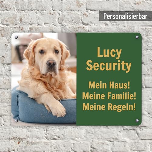UV Hundeschild mit eigenem Foto & Namen „Security“ - 40 x 28 cm - Lustiges Vorsicht Hund Warnung Schild - wetterfest & rostfrei & UV-Schutz & Bohrlöcher - Warnschild Hund - Aluminium, Stärke 1,1 mm