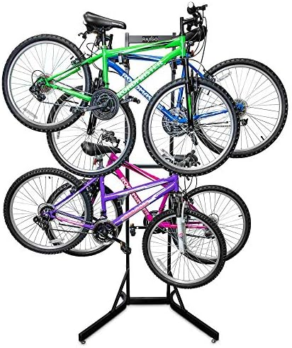 RaxGo Bike Garage Storage Rack, 4 Bicycle Garage Floor Stand, Adjustable, Freestanding, Adjustable Hooks, For Mountain & Road bicycles, Universal For Indoor Use
