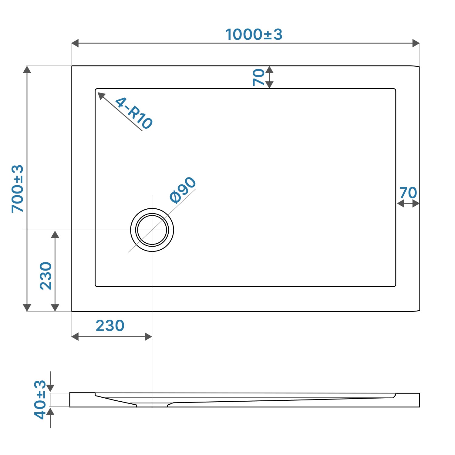 Piatto Doccia 70x100cm Altezza 4cm Effetto Pietra Antracite Acrilico Bordato Piletta di Scarico Inclusa Mod. Petra