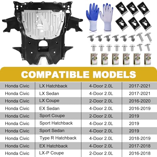 Image of 74110-TBA-A00 Lower Engine Splash Guard Under Car Shield Cover Board for Honda Civic 2016 2017 2018 2019 2020 2021, 74110TBAA00 Underbody Shield | with 90674-TY2-A01 Pins and 90105-TBA-A00 Bolts