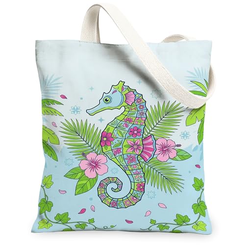 Bolsa de lona con diseño de caballitos de mar para mujer, flores tropicales, hojas de verano, azul, lavable, reutilizable, ideas para viajes, trabajo, compras, librería, 13 x 15 pulgadas