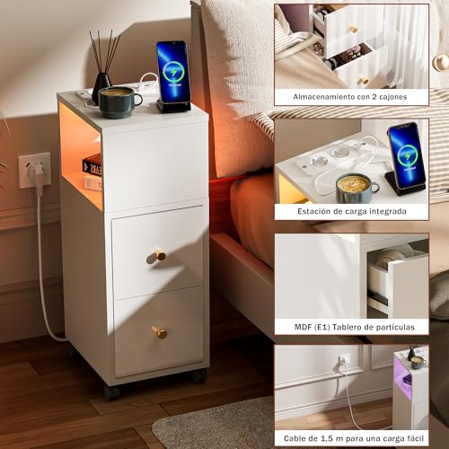 Ztexkee Mesitas de Noche Estrecha con Enchufe y Barra de luz LED, Mesa Auxiliar Estrecha con Ruedas Alta mesita de Noche con 2 cajones y 2 estantes para Dormitorio, salón, Blanco - imagen 5