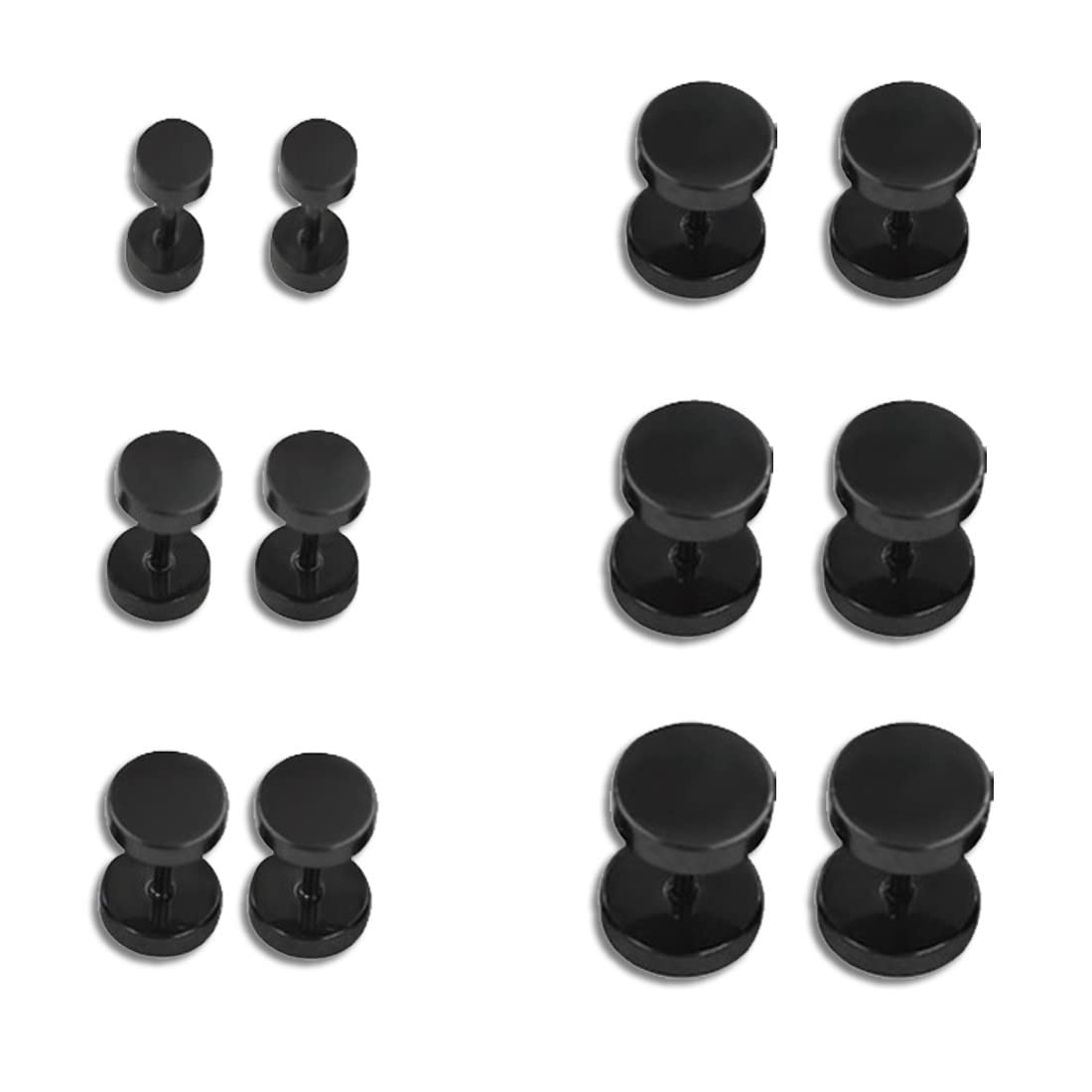 PLABBDPL Pendientes, 6 Pares Pendientes Perforantes Negros, Click-on Fake Piercing, Enchufe falso Fake Plug, Pendientes de Acero Inoxidable Pulido para Hombres, Pendientes de Mujer