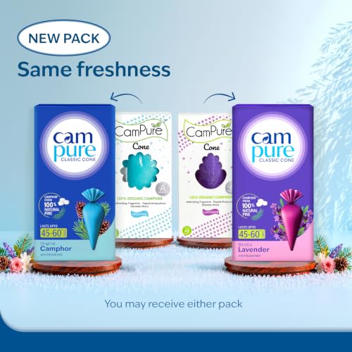 Image of CamPure Camphor Cone (1 Original + 1 Lavender) Pack Of 2-100% Organic | Air Freshener For Car, Wardrobe, Office Cabin's, Drawers, Travel Bag & Bathroom