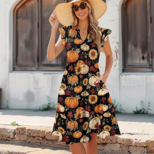 Image of Women's Casual Ruffle Sleeve Dress V Neck Pullover Dress Flowy A-Line Pleated Lightweight Dress with Pockets