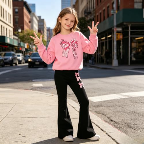 Image of Girls Clothes 2 Piece Cute Bow Print Sweatshirt & Flare Pants Fall Winter Outfits Set Size 7-14Y