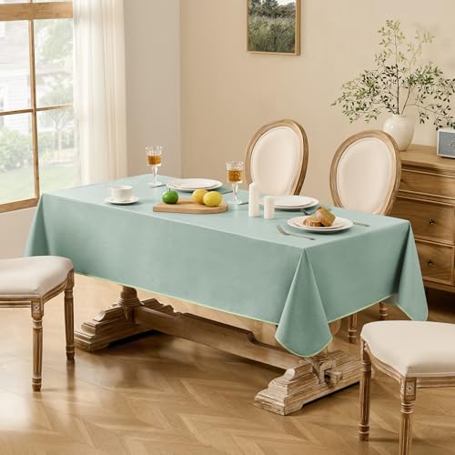 Image of Softalker Spring Vinyl Tablecloth Rectangle, Outdoor 100% Waterproof Oil Proof Plastic Edge Binding Table Cloth, Heavy Duty Wipeable PVC Table Covers for Picnic Dining Party - 54 x 78 Inch, Sage