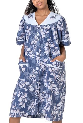 Image of Women's Short Sleeve Woven Snap-Front Closure Floral Embroidery Housecoat Duster Lounge Nightgown Robe with Front Pockets