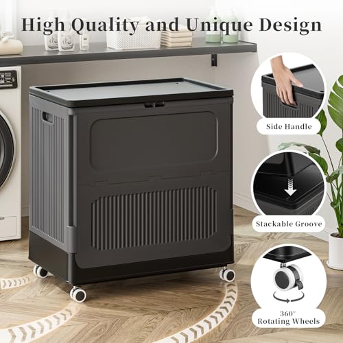 Image of HAIXIN HOME 130L Rolling Laundry Hamper with Lid, Large Plastic Laundry Basket for College Dorm, Foldable Dirty Clothes Hamper Organizer for Industry, Bedroom, Living Room, Bathroom - Black 2 Pack