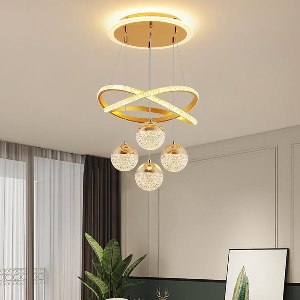 LED Pendant Light Crystal Hanging Lamp Dining Table 42W Ceiling Lights Modern Height Adjustable Dining Room Living Room Dimmable With Remote Control Chandeliers Aluminium Bedroom Suspension(Gold)
