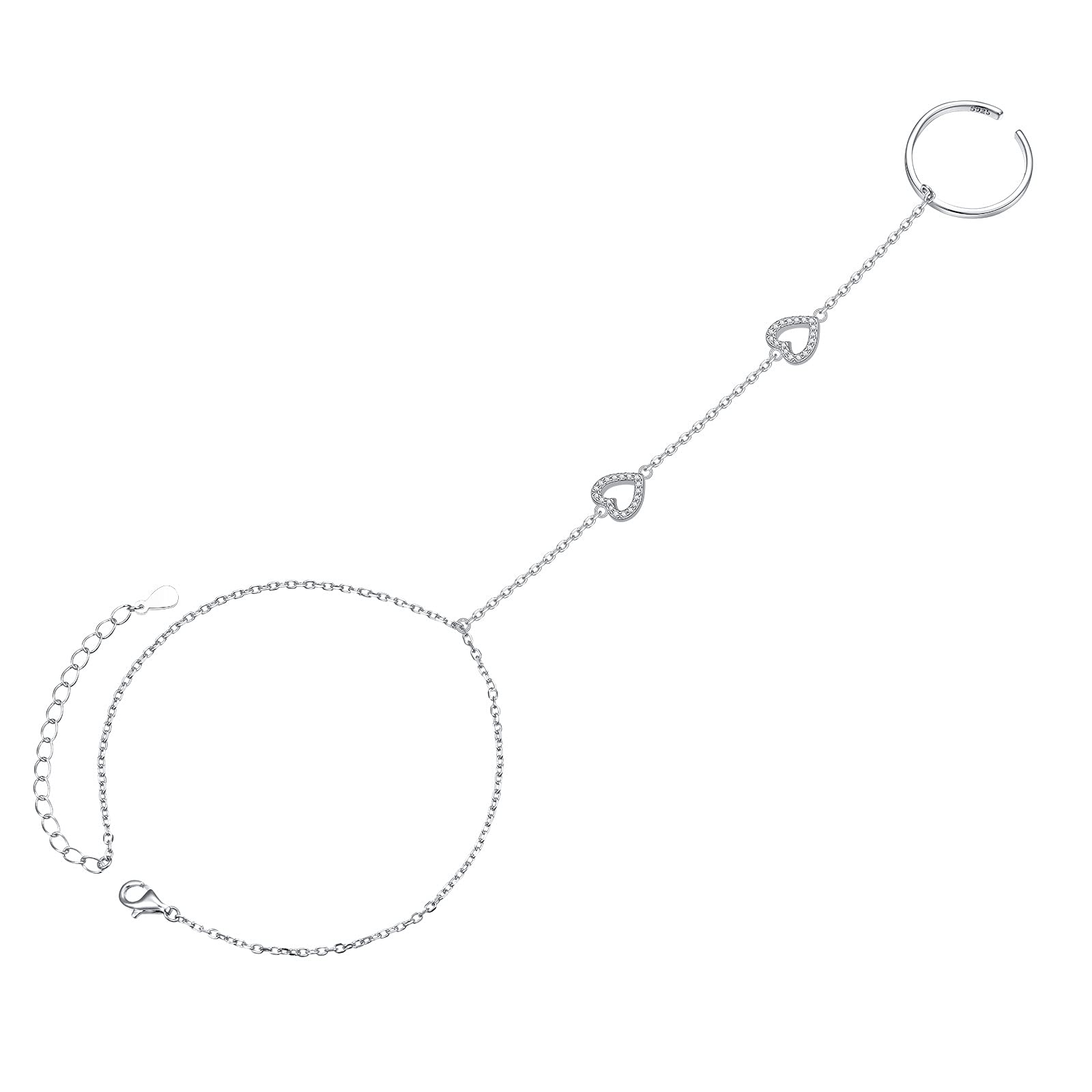AlphmS925 Sterling Silver Finger Ring Bracelet Hand Harness Adjustable Chain Set for Women