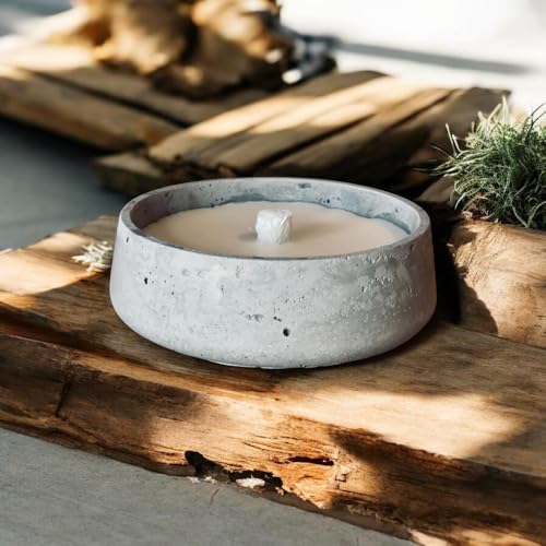 Candela rustica per calcestruzzo, perfetta da regalare e per uso esterno, candela mangiasera, larghezza 13 cm, coperchio in legno con coperchio in legno