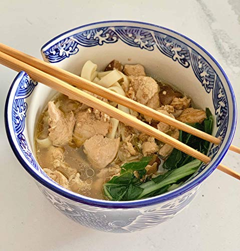 Ebros Ming Style Feng Shui Koi Fish Blue And White Ramen Udon Noodles Large 6.25"D Soup Bowl With Built In Chopsticks Rest And Bamboo Chopsticks Set For Asian Dining Rice Meal Bowls Decor Kitchen #TOP4