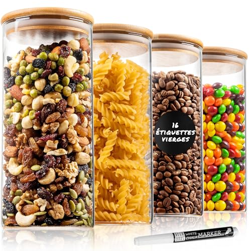Deco haus® Bocaux en Verre Hermétique Lot de 4 [+ÉTIQUETTES] - Bocal en Verre avec Couvercle...
