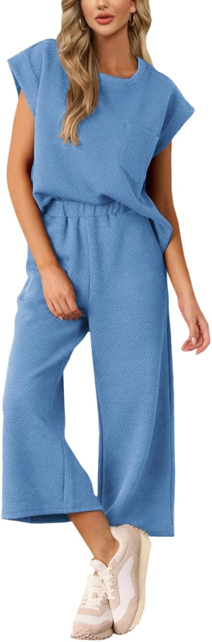 AGSEEM Two Piece Sets for Women Summer Short Sleeve Lounge Sets Cropped Wide Pants Outfits Loungewear Beach Vacation Clothes