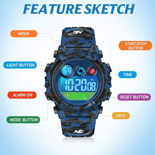 Dayllon Kids Digital Watch,Boys Digital Outdoor Sport Waterproof Watch,with Calendar 12/24H Alarm 7 Colorful Backlight Stopwatch Wristwatch for 3-15 Years Old3