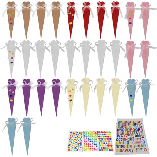 IKOPFLN 32 Stück Schultüte Mädchen Zuckertüte Klein Schultüten Jungen Geschwister Schultüte Mini Zuckertüten Bastelset zum Befüllen Kindergartentüte mit Aufkleber Einschulung Schulanfang Schulkind