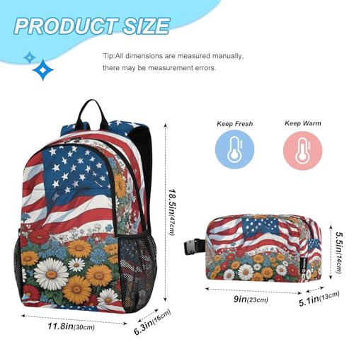 American Colorful Flowers Backpack Lunch Bag Set for Travel Hiking Picnic, Backpacks with Insulated Lunch Box2