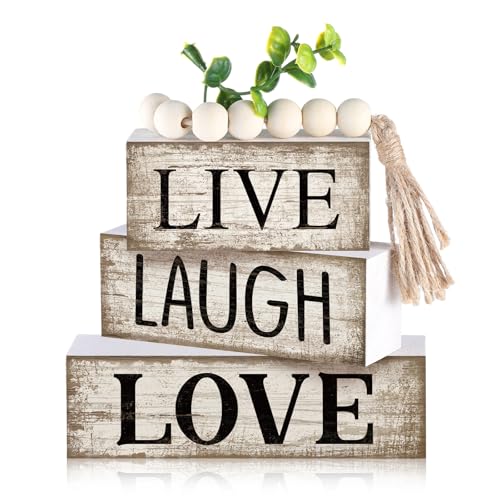 Yuntau 5 Pcs Rustic Farmhouse Tiered Tray Farmhouse Fake Books Decoration Life Laugh Love Wooden Tabletop Decor Love Block Decor Wood Block Sign Gift Centerpiece for Shelf Coffee Mantle Kitchen Table