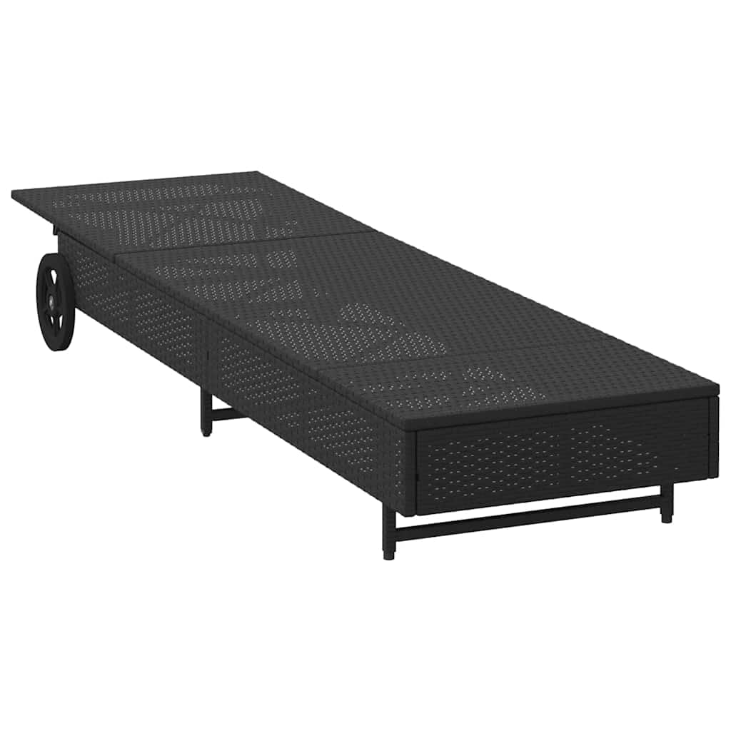 Lettino prendisole con ruote e cuscino nero, in polyrattan, schienale regolabile, con schienale regolabile in 3 posizioni, con cuscino e cuscino imbottito spesso
