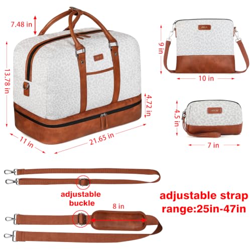 Image of Weekender Bag for Women, Large Overnight Bag Canvas Travel Duffel Bag Carry On Tote with Shoe Compartment 21 inch 3Pcs Set, A07-brown+gray leopard, Large, Casual
