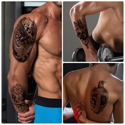 Image of 77 sheets Viking Temporary Tattoos Adult, Nordic Celtic Tattoos, Totem Tribal Fake Tattoo Stickers for Viking Costume, Nordic Norse Yggdrasil Valknut Fake Arm Tattoos for Women Men Kids