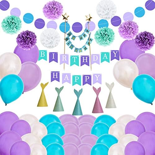 Esther Beauty Mermaid Birthday Party Supplies Party Decorations Includes Happy Birthday Banner/Cake Decorative Flag/Dot Banner/Pom Pom Paper Flower Balls/Party Hats/Balloons (Purple Style Decorations)
