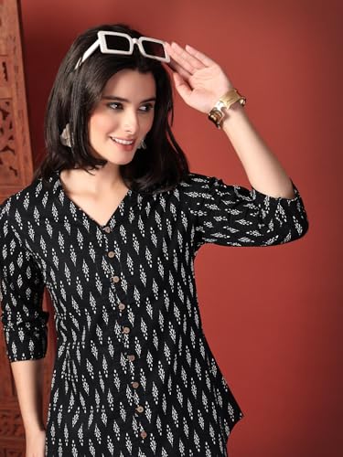 Image of Women's Black Printed Cotton Kurti Top | Stylish Ethnic Wear Kurta for Office, Casual 3 /4 Sleeve Button Front Tunic
