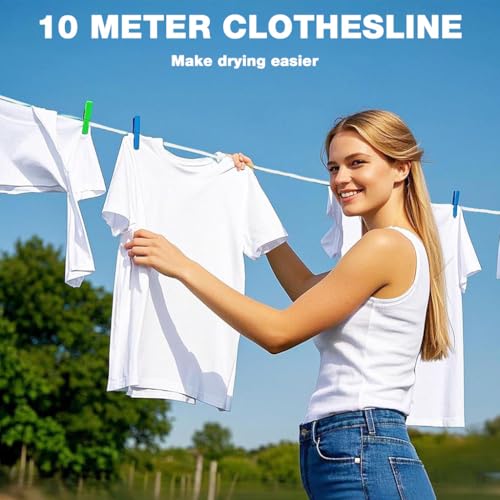 Image of HASTHIP 10m Clothes Drying Rope - Heavy Duty Polyester Cloth Rope for Drying Clothes with Hook 10mm Steel Core Clotheslines Wire Cloth Dry Ropes Wire, White