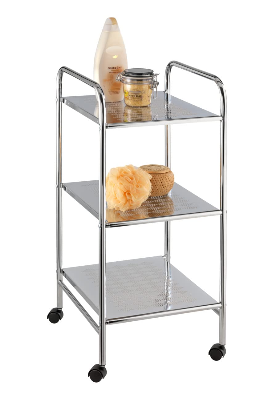 WENKO Badwagen Sando, Haushaltswagen mit 3 Ablagen, rollbarer Küchenwagen aus verchromtem Stahl, Flexibel platzierbar durch Vier leichtgängige Rollen, universell einsetzbar, 32 x 71 x 36,5 cm, Chrom