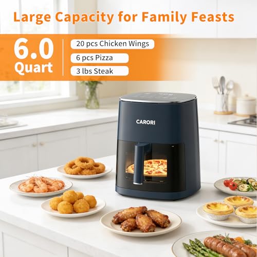 Image of CARORI 6QT Air Fryer with Viewing Window, 12 Cooking Presets, 1700W Fast & Even Cooking, Max 400℉ Crisping, Bake, Roast, Reheat & Dehydrate, Large Nonstick Basket, Dishwasher Safe, Dark Blue