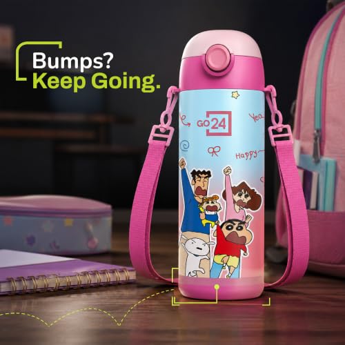 Image of Go24 pexpo Crayon Shinchan ISI Certified Stainless Steel Water Bottle for School Kids - 300ml | Hot & Cold Vacuum Insulated Flask|Leak Proof | Carry Strap | School, Picnic, Sports - Pink Nohara Family