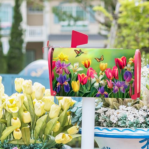 Image of Easter Floral Mailbox Cover Magnetic, Tulip Lily Flowers Mailbox Wrap, 21 inchx18 inch Spring Summer Standard Size Waterproof Letter Post Cover for Yard Garden Outdoor Outside Decoration