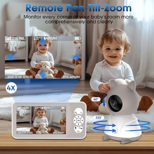 veorkide Babyphone mit Kamera 2K/5\ - PTZ 355°/60°+4X Zoom Video Babyfone, IR-Nachtsicht, Bewegungsmelder, Schlaflieder, Aufnahme, für sichere Babyüberwachung