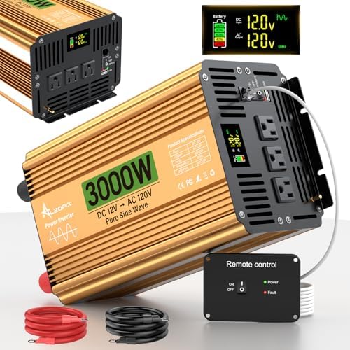 3000 Watt Inverter 12V DC to 110V/120V AC, Pure Sine Wave Inverter for Truck/RV/Home/Solar/Off-Grid, Surge 6000W Pure Sine Power with 3 AC Sockets, 5V 3.4A USB, Digital Display, Remote Controller