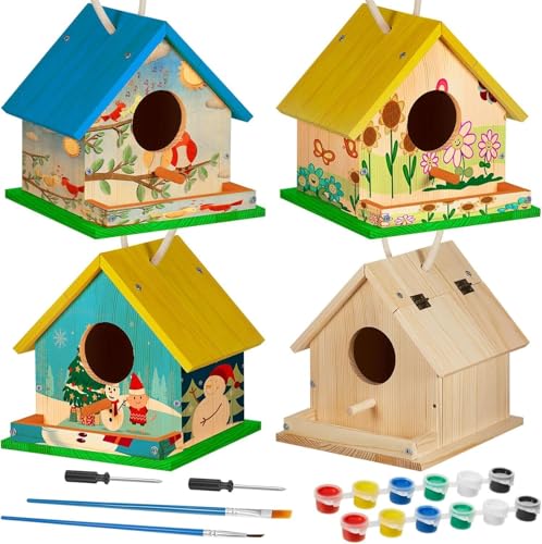 Liliful 2 Sets Wooden DIY Birdhouse Kit Unfinished Bird Houses with Paints and Paintbrushes Bird Feeder Craft Arts for Boy or Girl Classroom Activity and Christmas Kids Wooden Craft Gifts